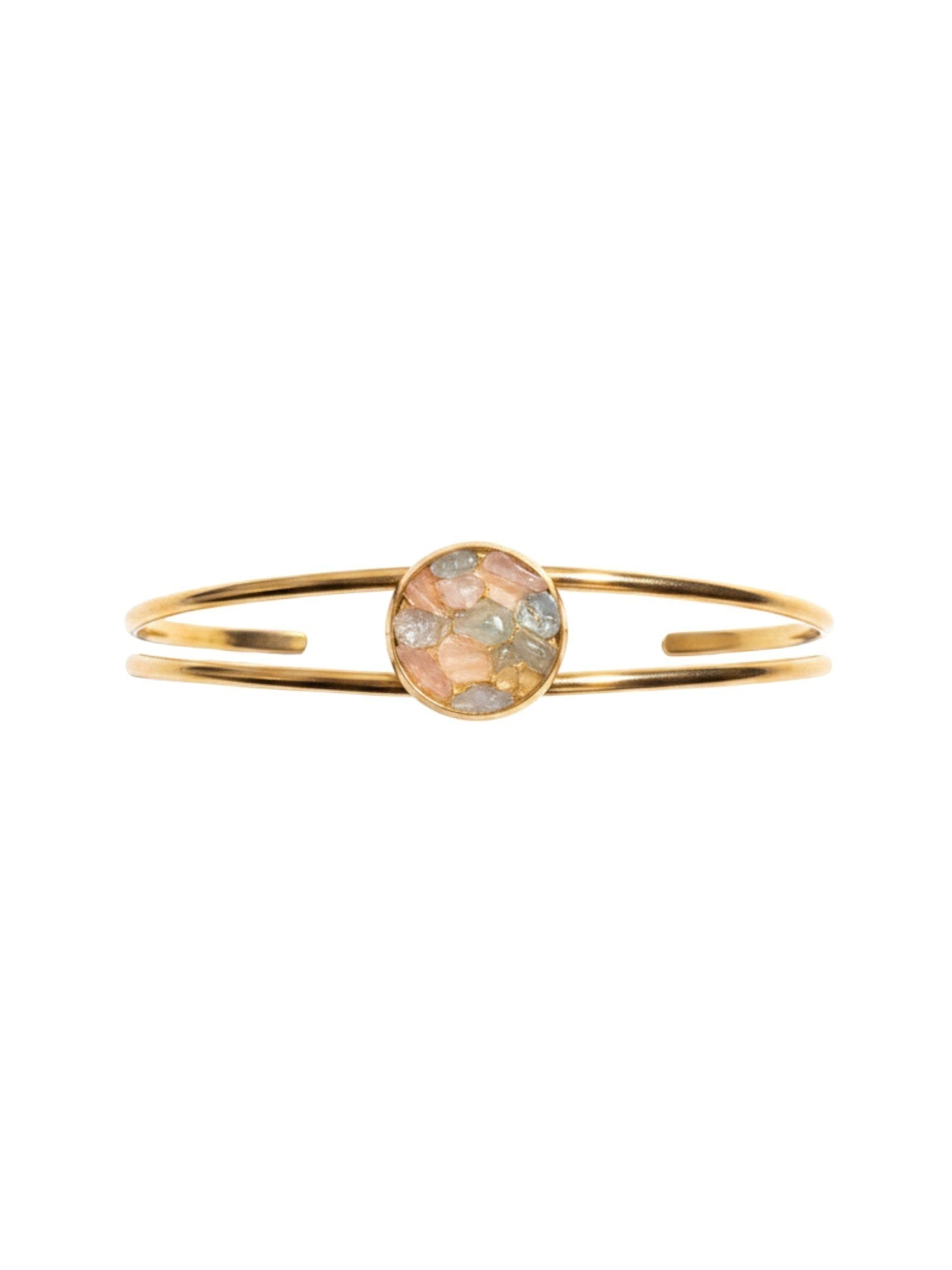 Nayuga Jewels armband med rosenkvarts och akvamarin i guldpläterad dubbelskena av rostfritt stål.