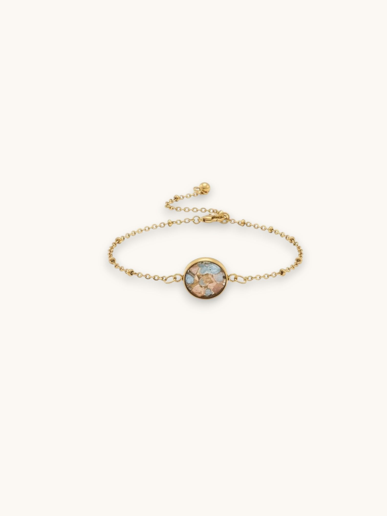 Citrinmagi armband med rosenkvarts och akvamarin i 18k guldpläterat rostfritt stål med cirkulär design.