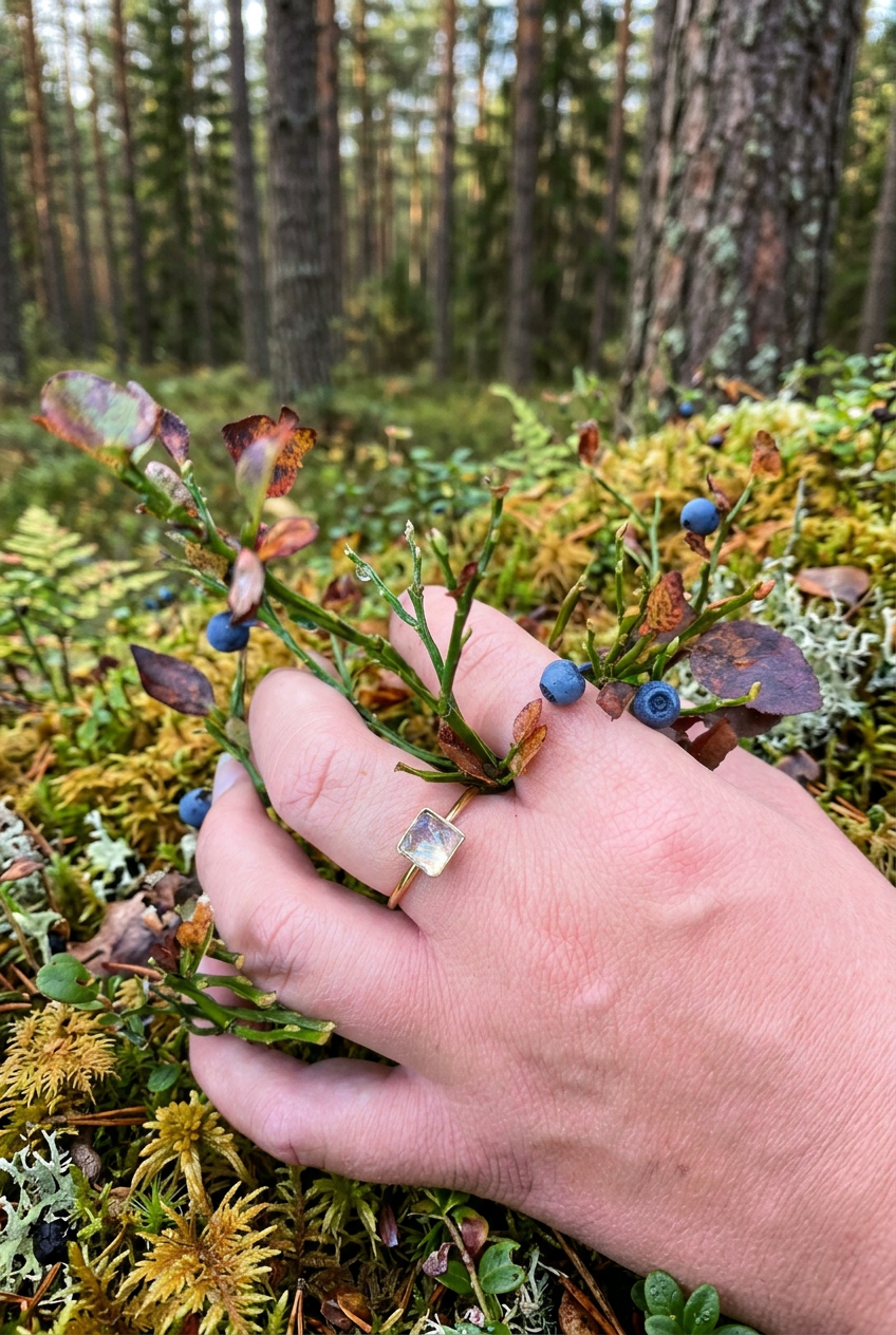 Citrinmagi fyrkantig guldring med ametistkristaller, handgjord i 18k guldpläterat stål, buren i en skogsmiljö.