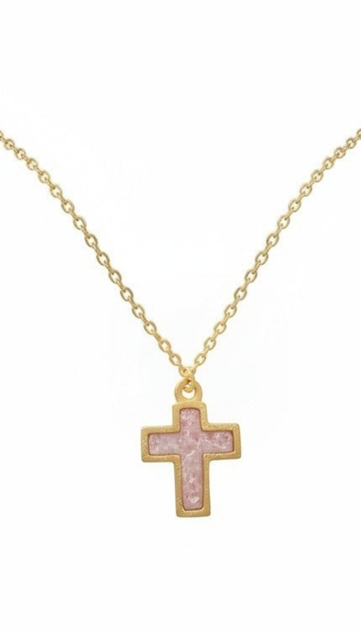 Citrinmagi halsband med korsformad berlock i guldpläterat stål och äkta rosa jordgubbskvarts på tunn kedja.