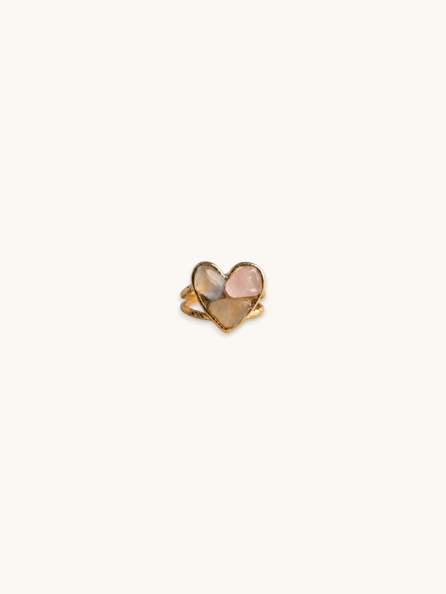 Citrinmagi hjärtformad ring i guldpläterat stål med äkta rosenkvarts, justerbar design för en romantisk stil.