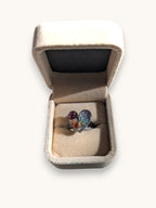 Citrinmagi pride-ring i silver med hjärtformad infattning och sex färgglada äkta kristaller i en smyckesask.