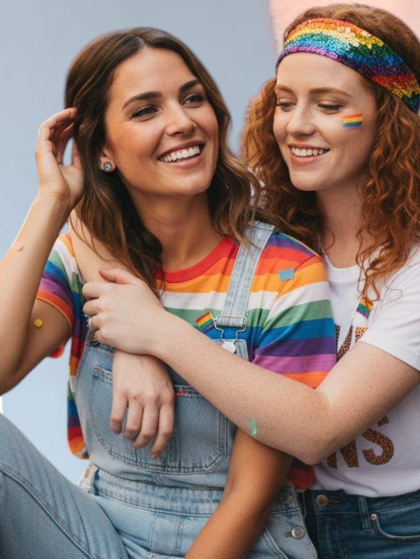 Två glada kvinnor bär Citrinmagi Pride Studs, silverpläterade örhängen med sex äkta kristaller i regnbågens färger.