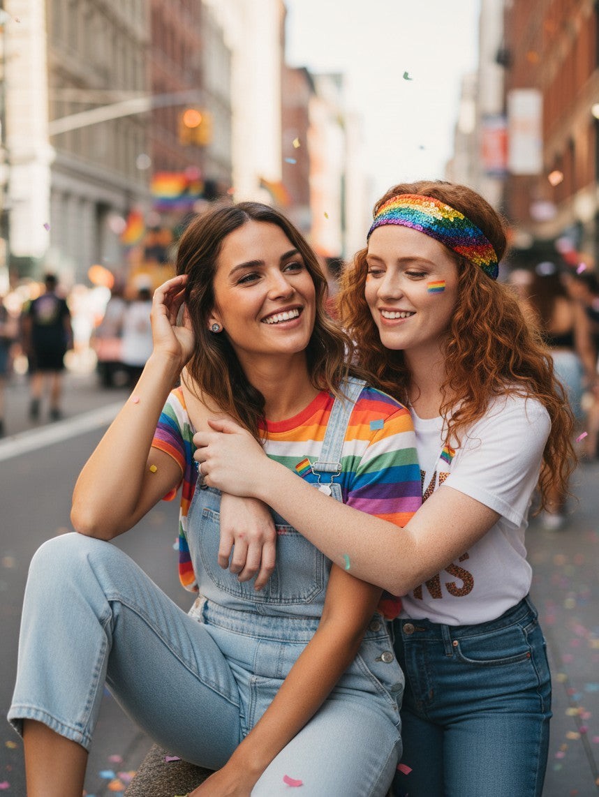 Två kvinnor firar Pride i staden bärande Citrinmagi Pride Studs, silverpläterade örhängen med färgglada kristaller.