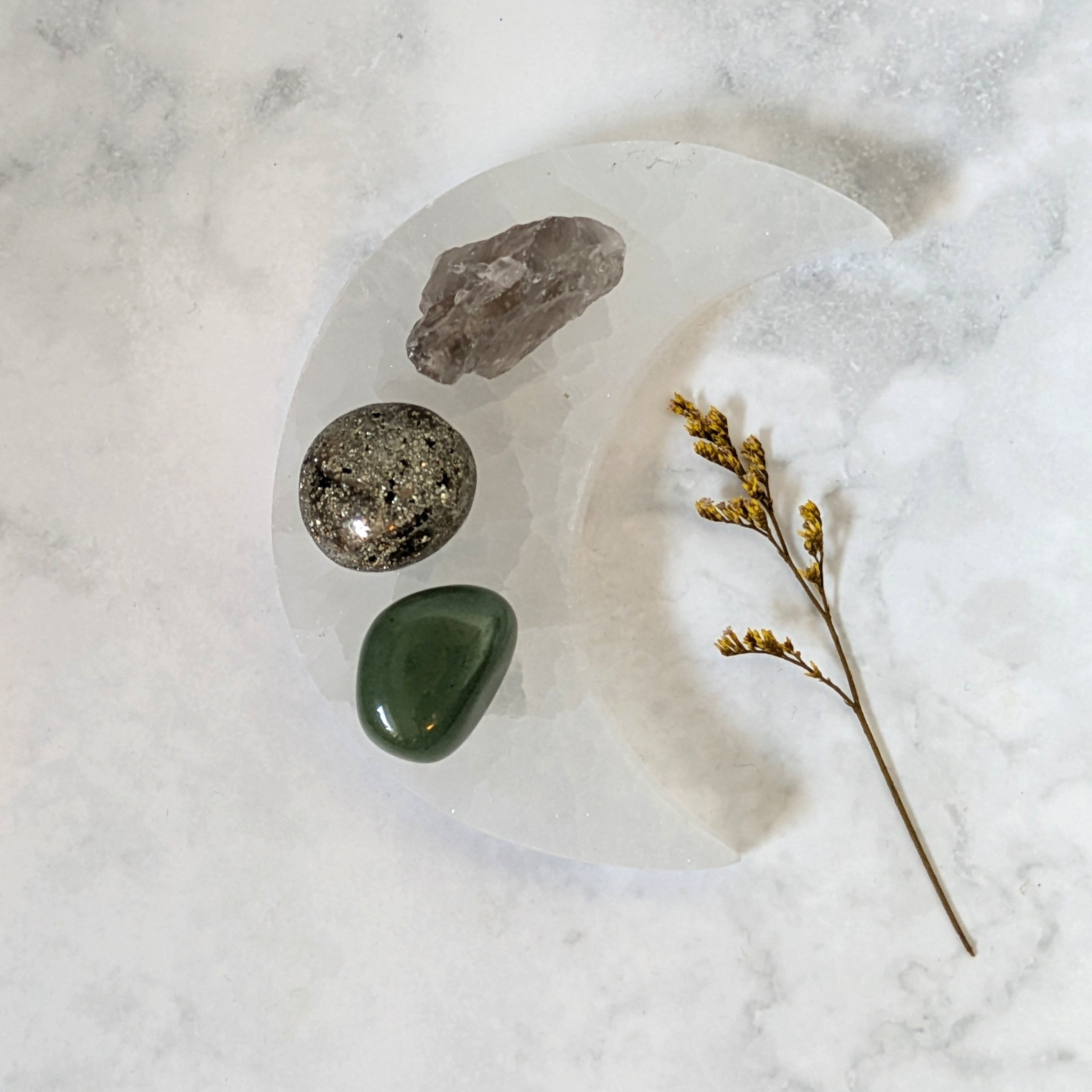 Kristallpaket Överflöd, Tur & Balans – Pyrit, Grön Aventurin & Rökkvarts